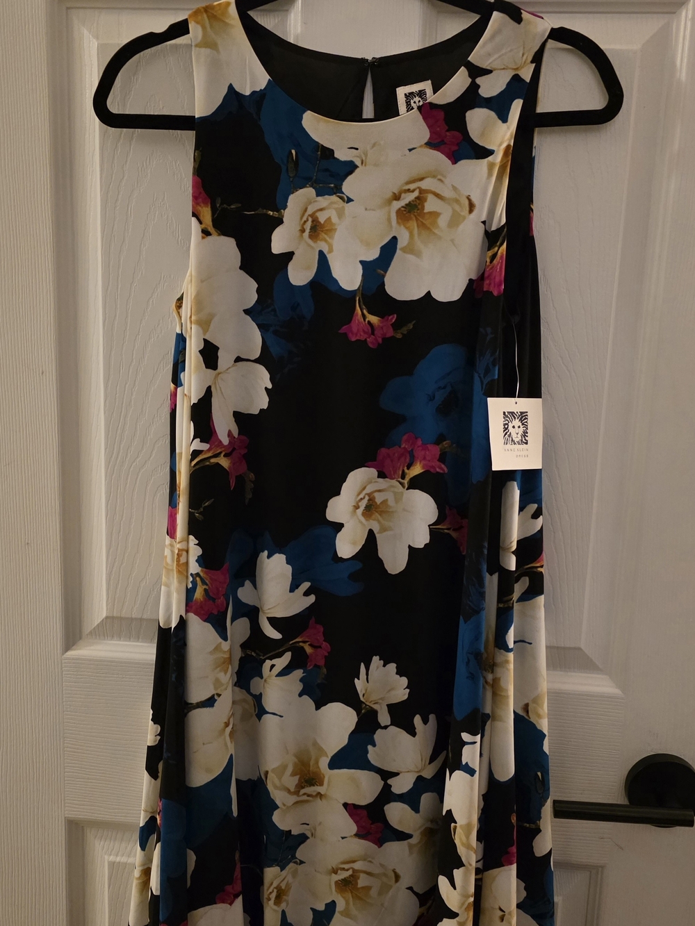 Anne Klein Black Floral Midi Dress with Blue and White Blooms